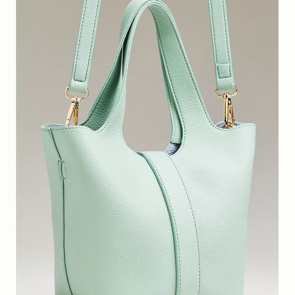 Anthropologie Mint Green Pebbled Mini Bucket Tote Bag - Picture 6 of 7